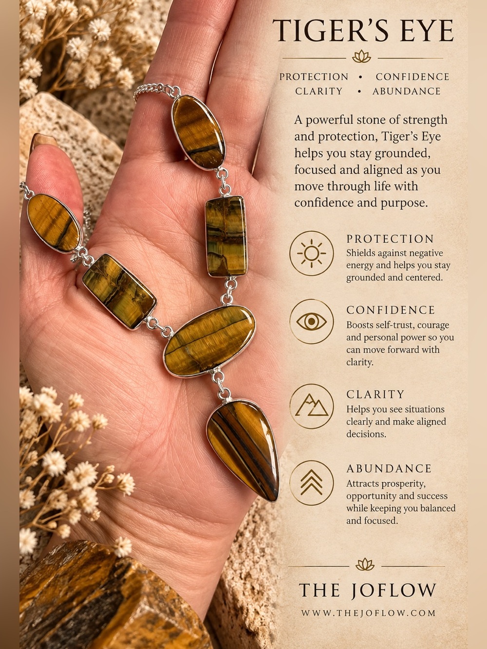 925 Courage Stone Tigers Eye 6 Stone Necklace